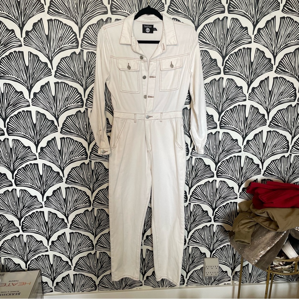 Boohoo White Denim Jumpsuit
